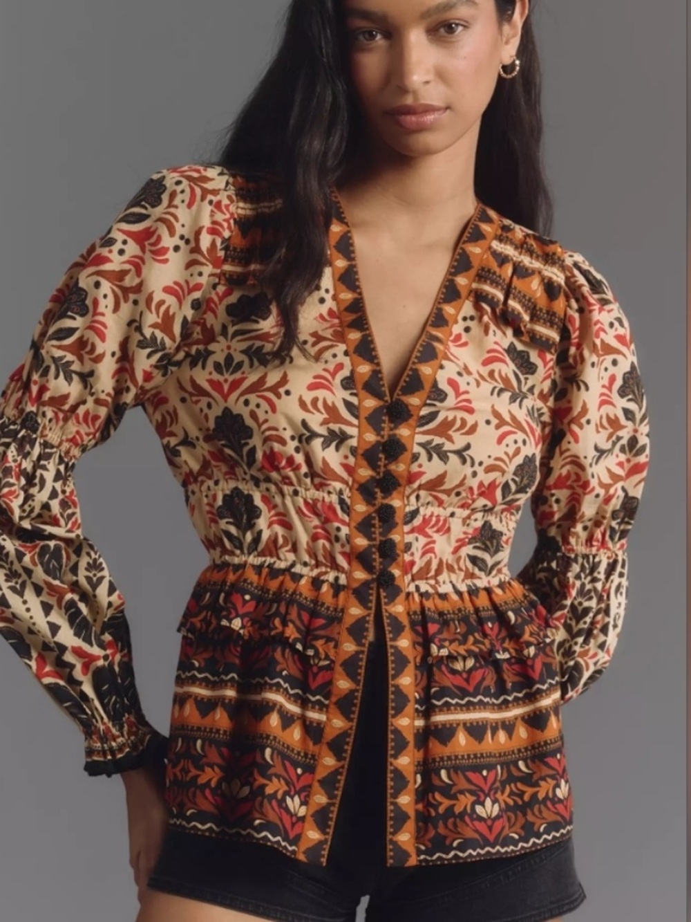 Farm Rio Long Sleeve Printed V-Neck Blouse